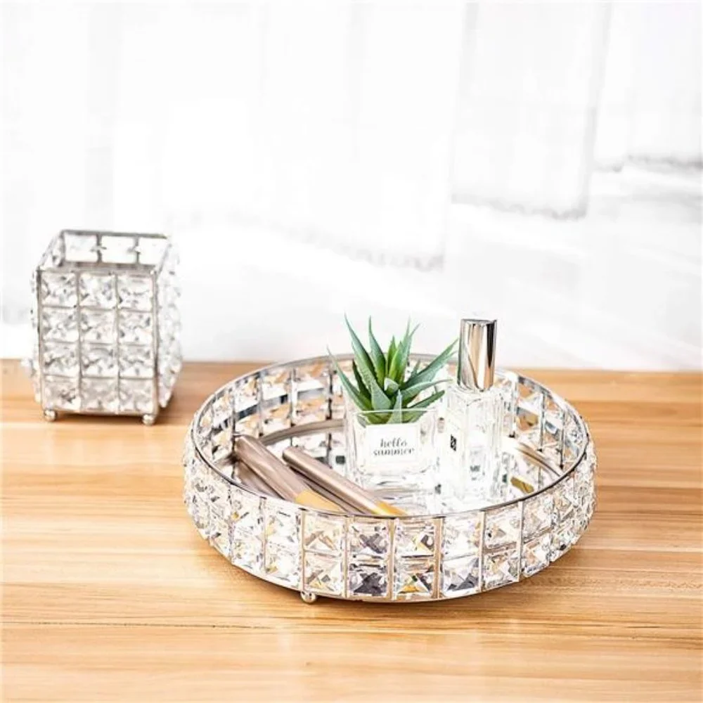 Anti-Scratch Glass Mirror Surface Crystal Vanity Makeup Tray Ornate Jewelry Tray